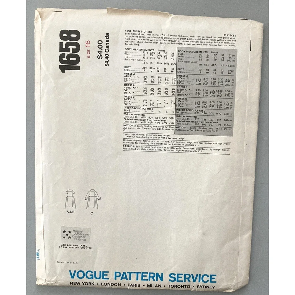 Vogue American Designer 1658 Albert Nipon Pattern Misses Shirtdress Sz 16 Uncut